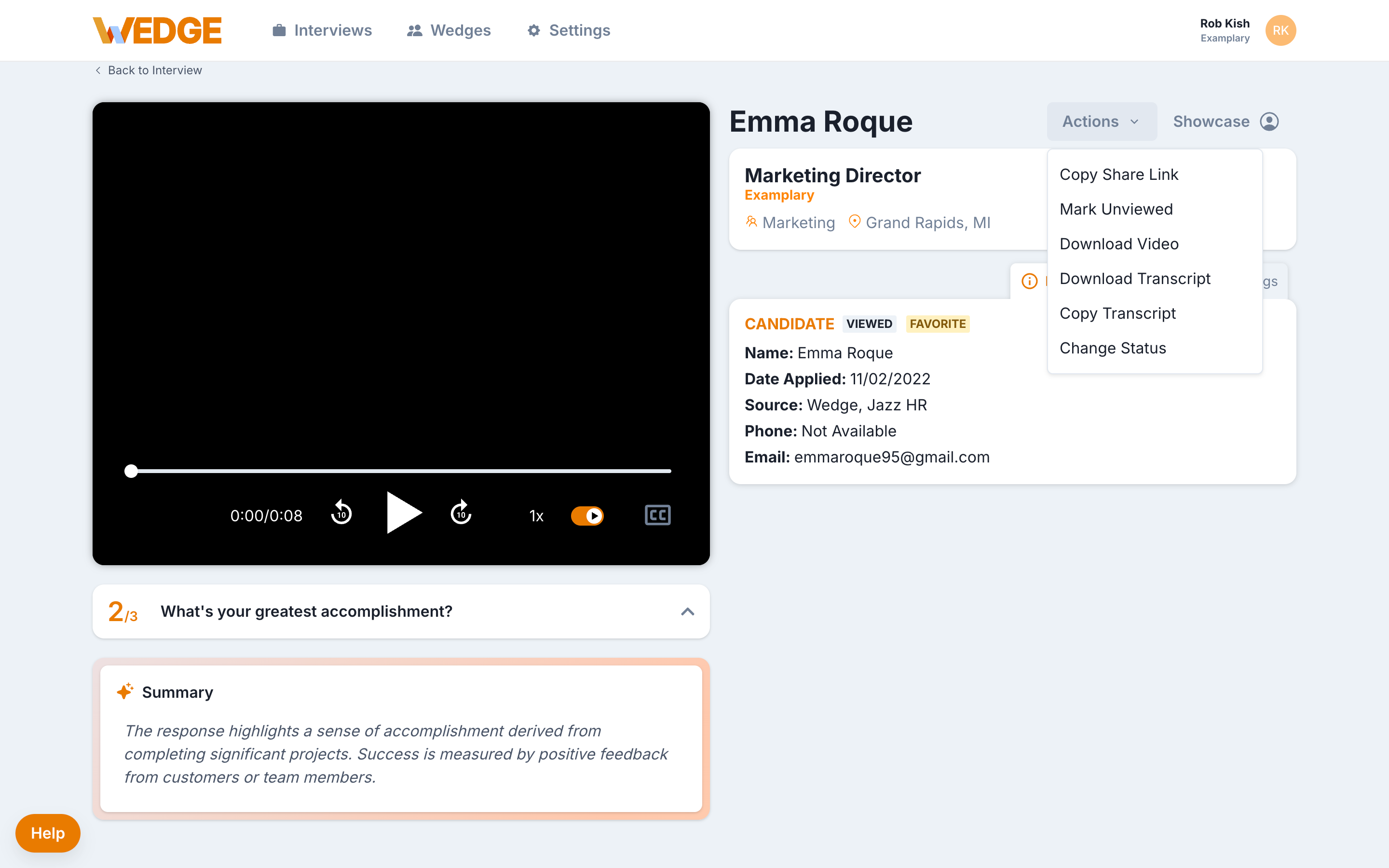 The WedgeHR Candidate Viewer showing the AI Summary section with key highlights from the candidate's responses.