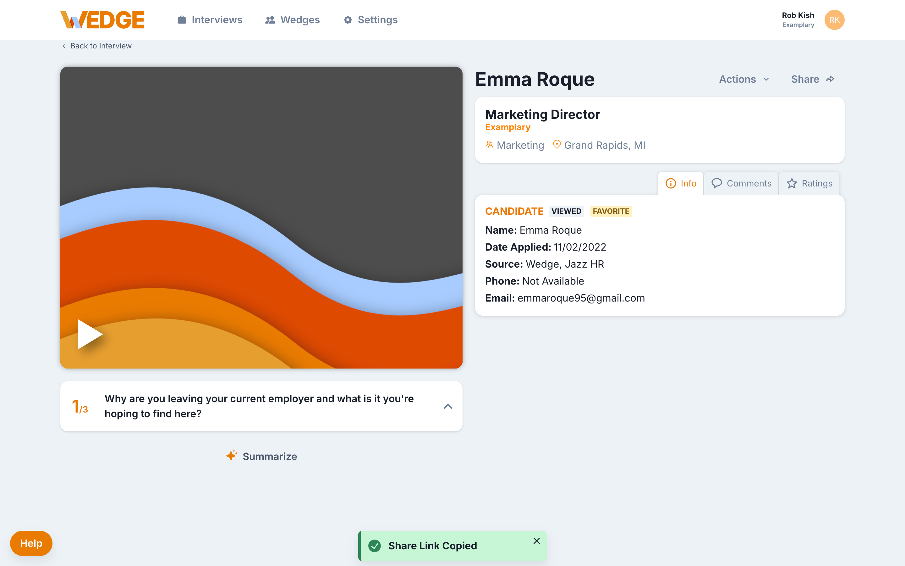 The WedgeHR share dialog showing options to invite a teammate to review a candidate's interview with access level controls.