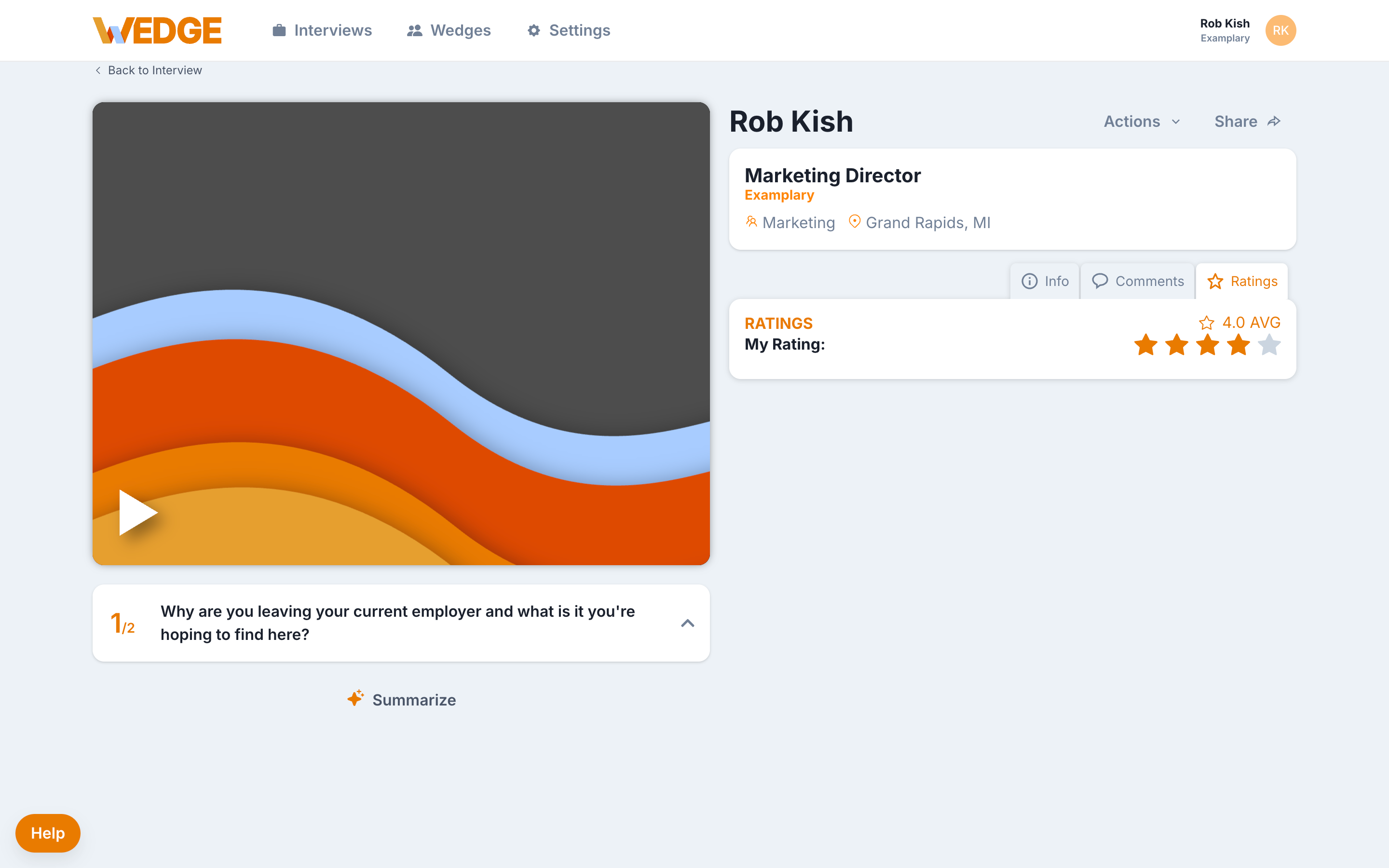 The WedgeHR Candidate Viewer showing the feedback section with options to add comments, ratings, and update candidate status.