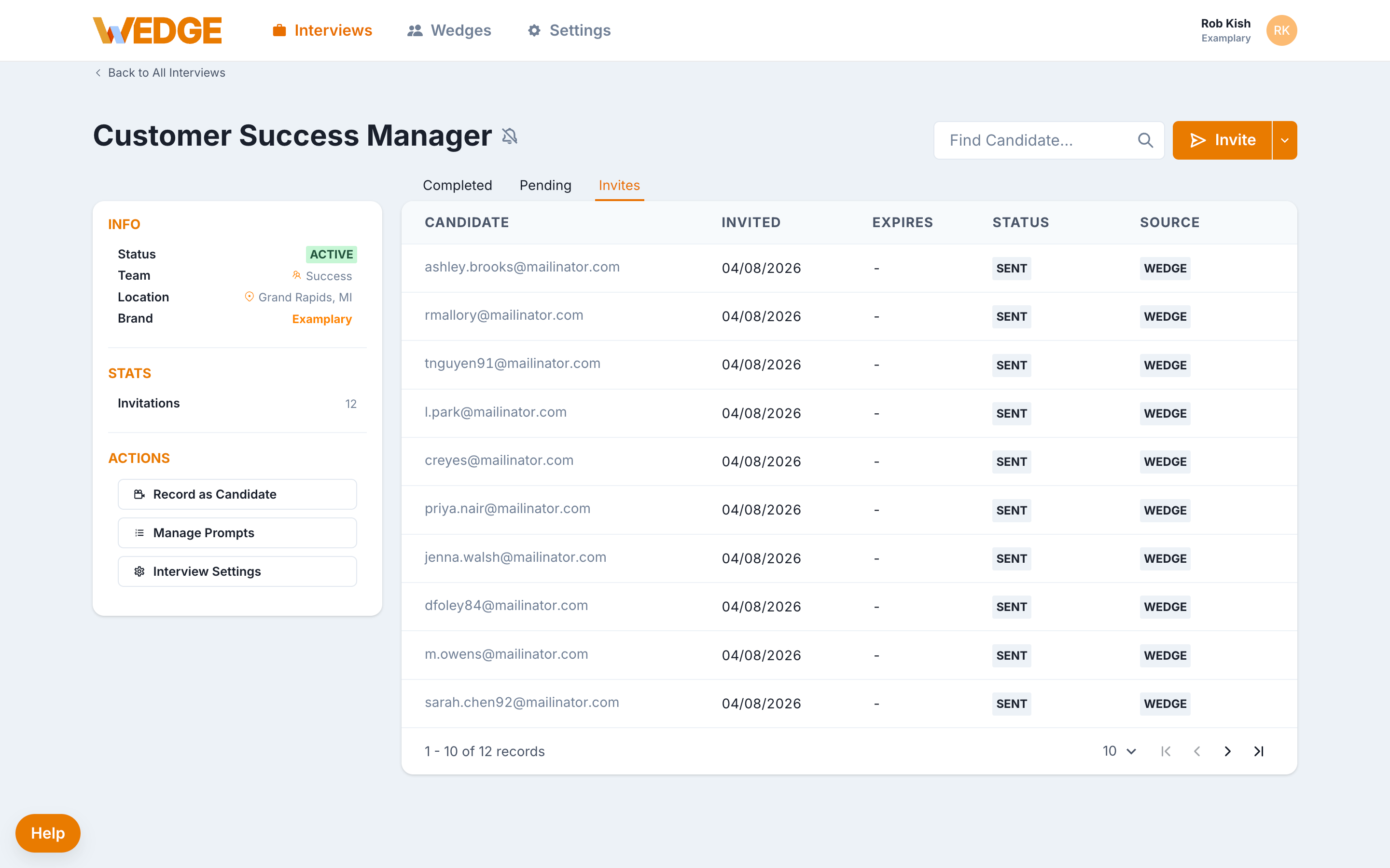 The WedgeHR interview detail page showing several candidates with an Invited status, confirming that invites were successfully sent.