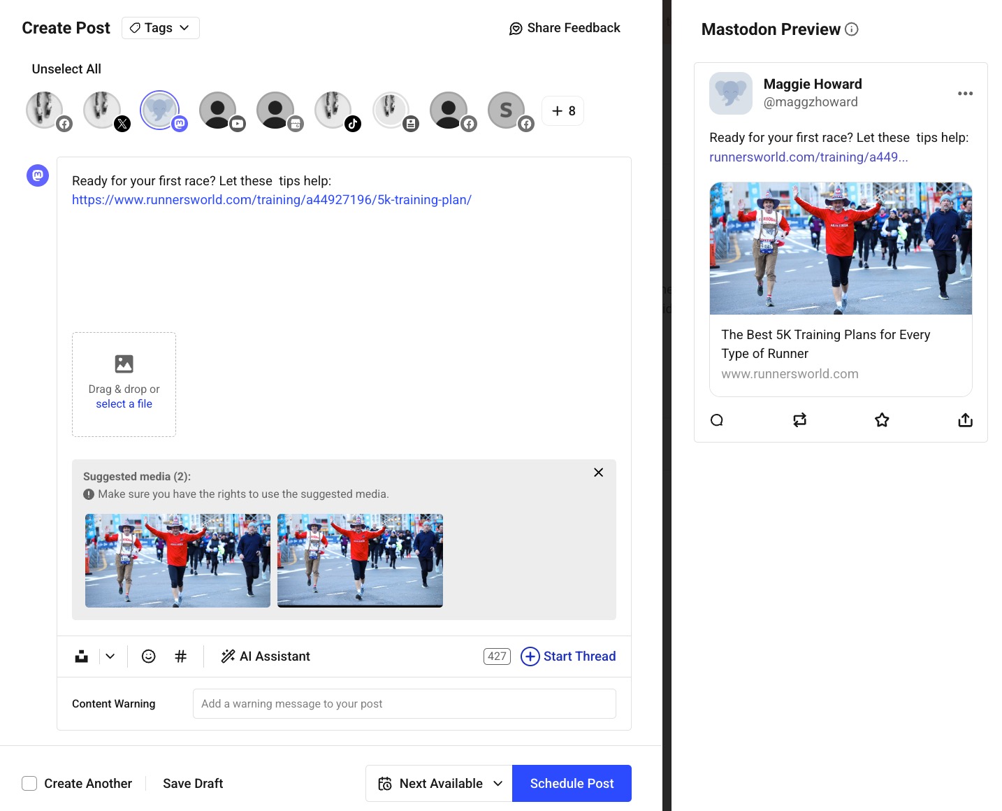 Buffer Publish composer with Mastodon selected and a link about running a 5K added