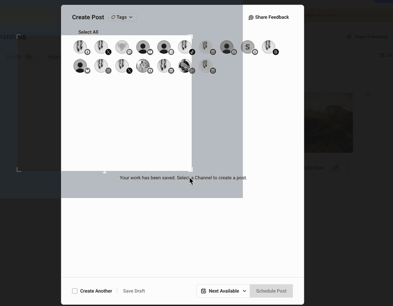 GIF of selecting multiple channels in the Buffer composer
