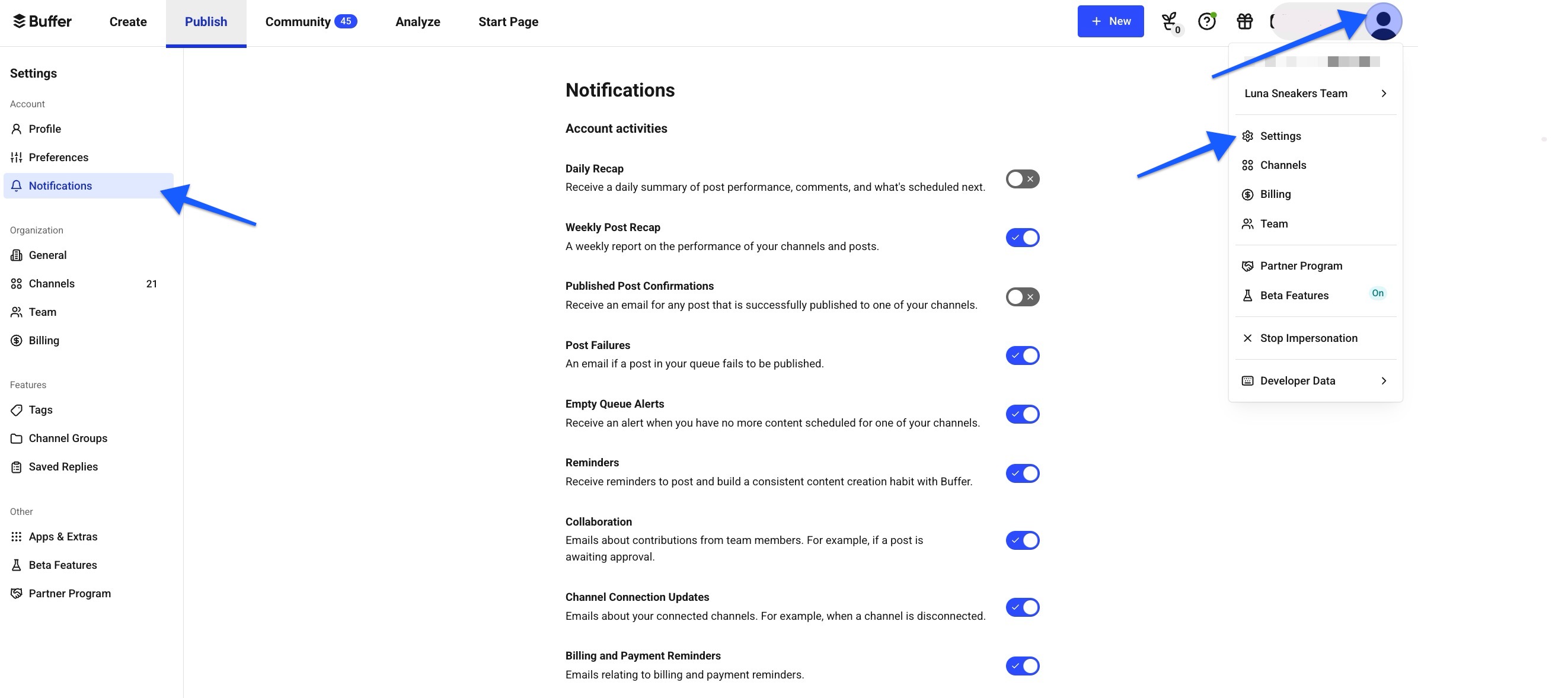Buffer email notification settings