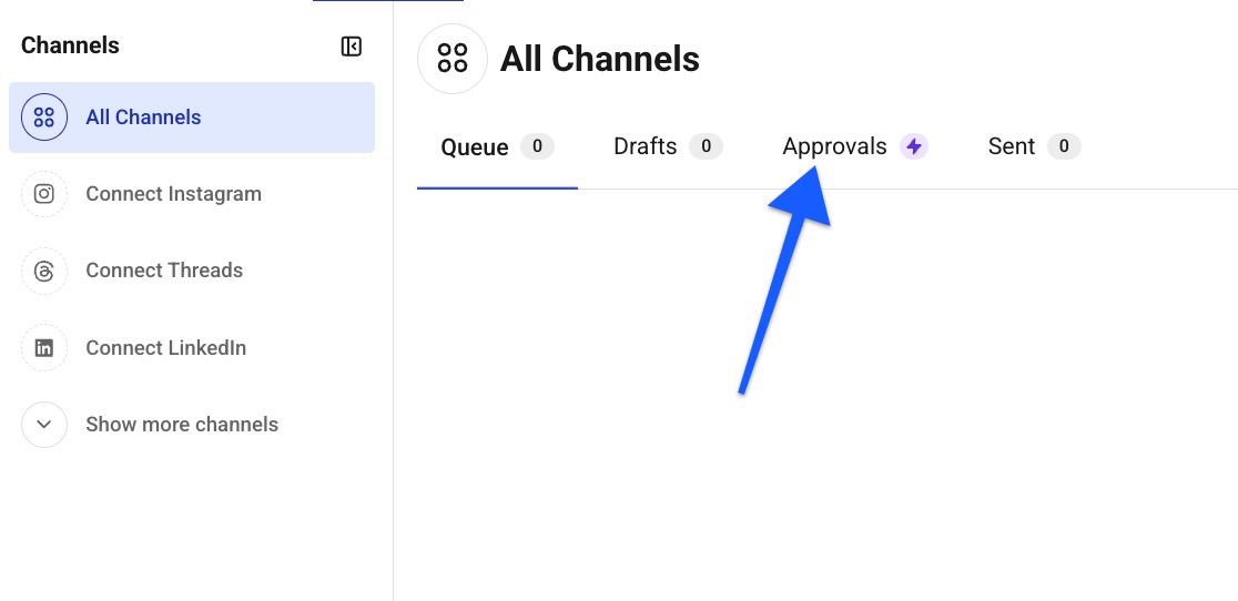 Buffer Publish - arrow pointing to the Approvals tab