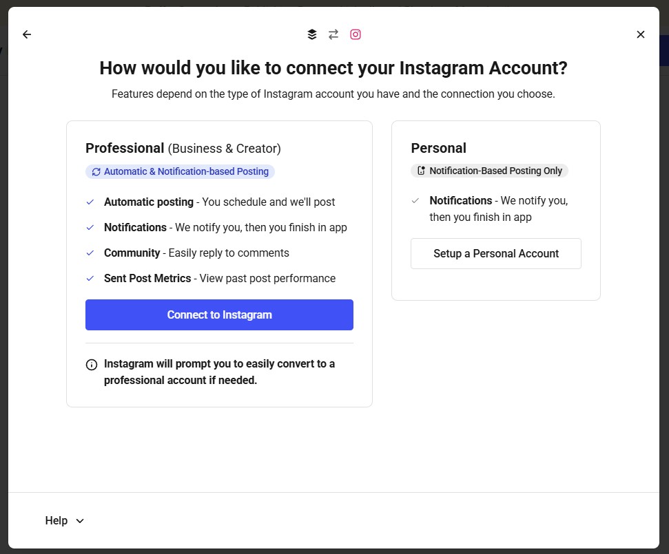 Buffer Publish - Instagram channel connection screen - How would you like to connect your Instagram Account?