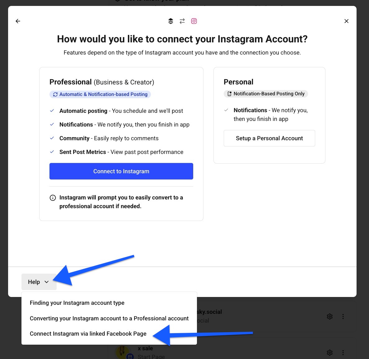 Buffer Publish - Instagram connection screen with arrows pointing to Help dropdown menu and Connect via linked Facebook page