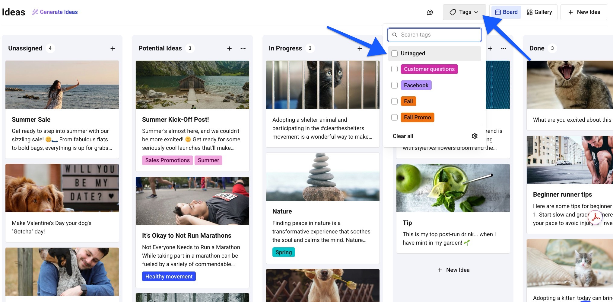Buffer - Create space with arrows pointing to the Tags filter and the Untagged option