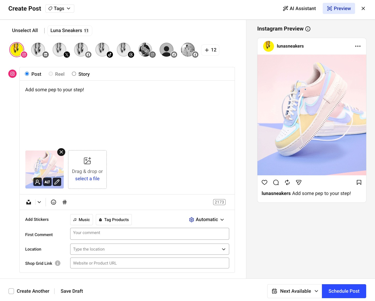 Buffer Publish composer with an image of a pastel colored Nike sneaker
