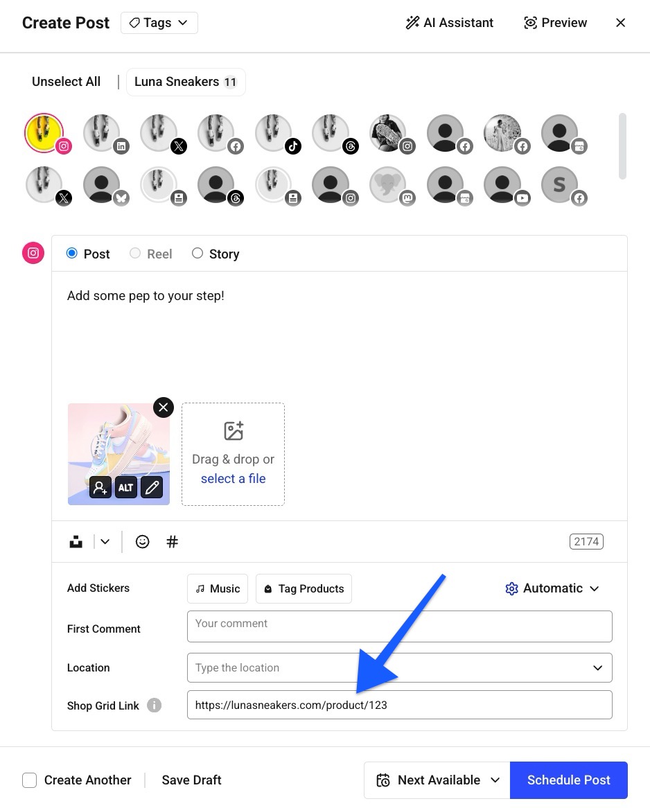 Buffer - Publish composer with an arrow pointing to the Instagram Shop Grid Link field
