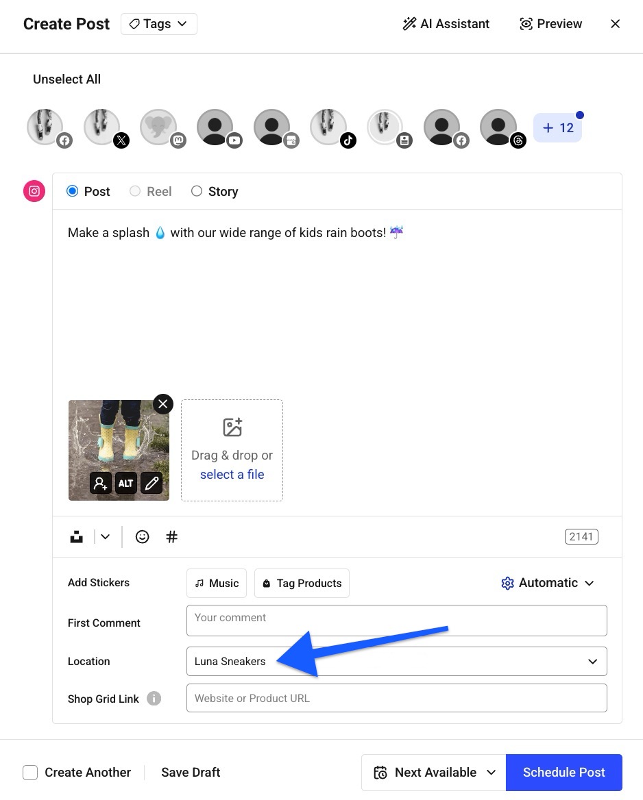 Buffer - Publish composer with arrow pointing to location