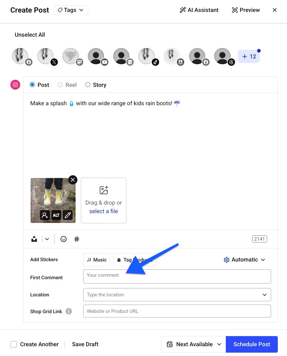 Buffer Publish composer with arrow pointing to first comment field