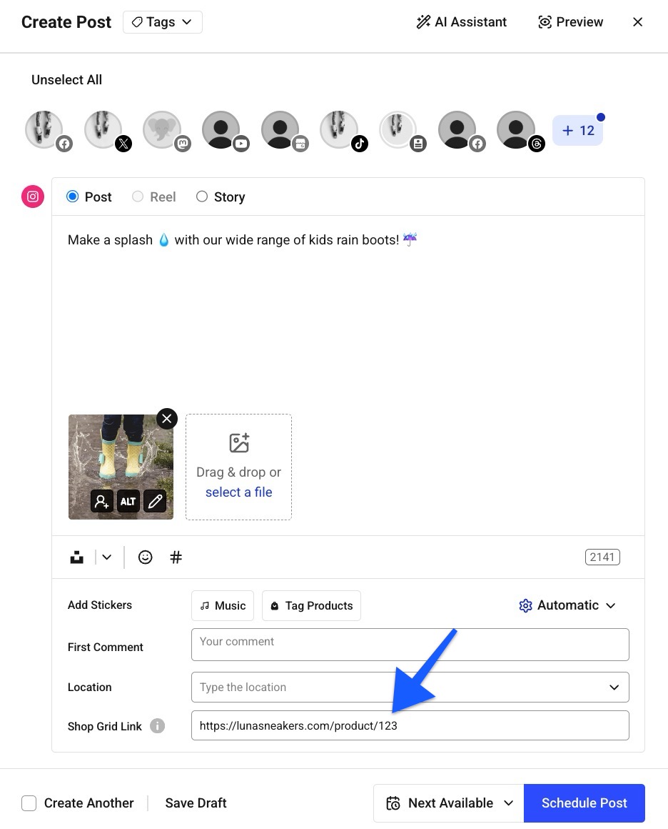 Buffer Publish composer with arrow pointing to Shop Grid link field