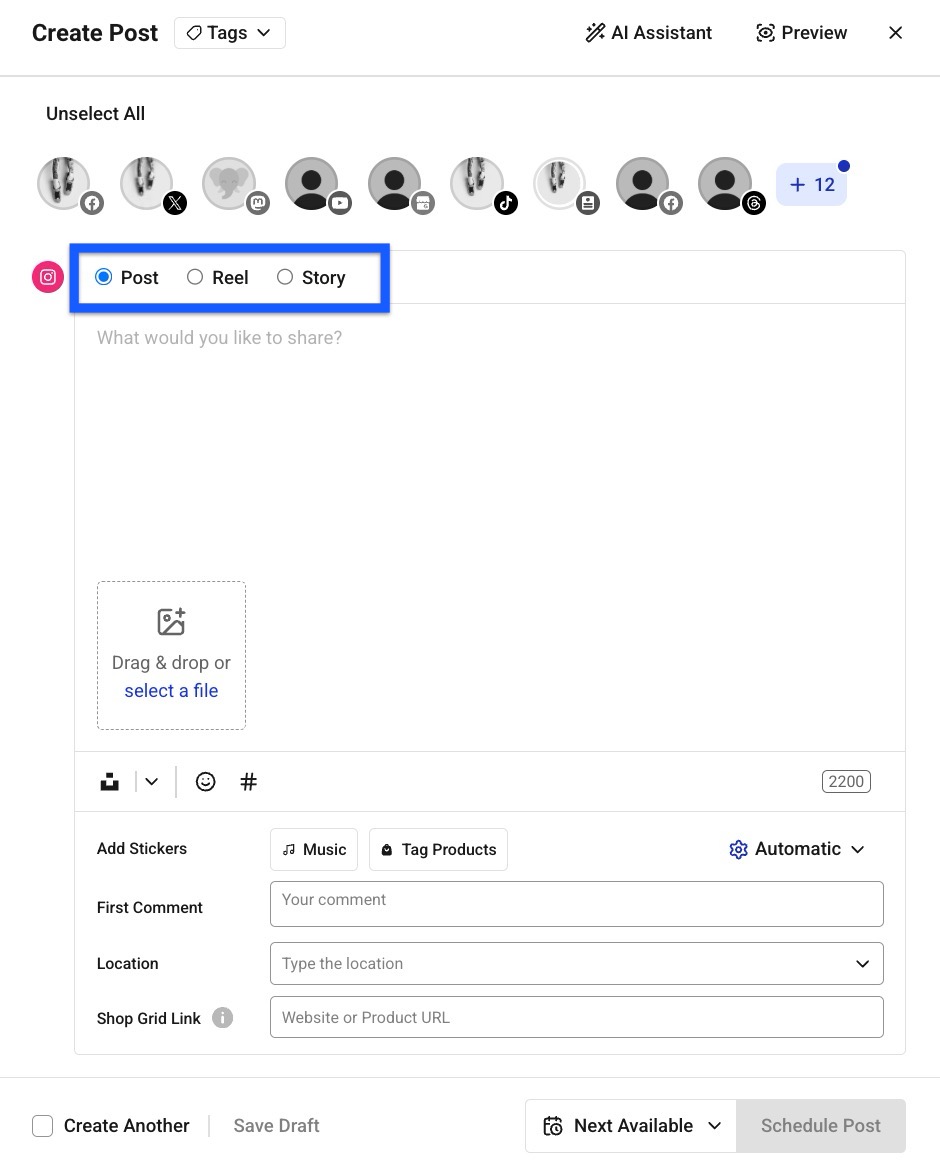 Buffer Publish composer - choose an Instagram post type (Post, Reel, Story)