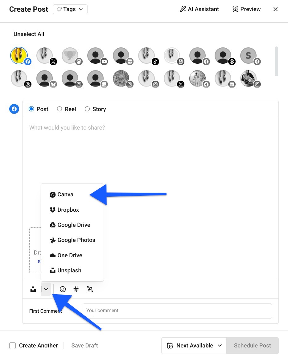 Buffer Publish composer - arrows pointing to Integrations menu and Canva option