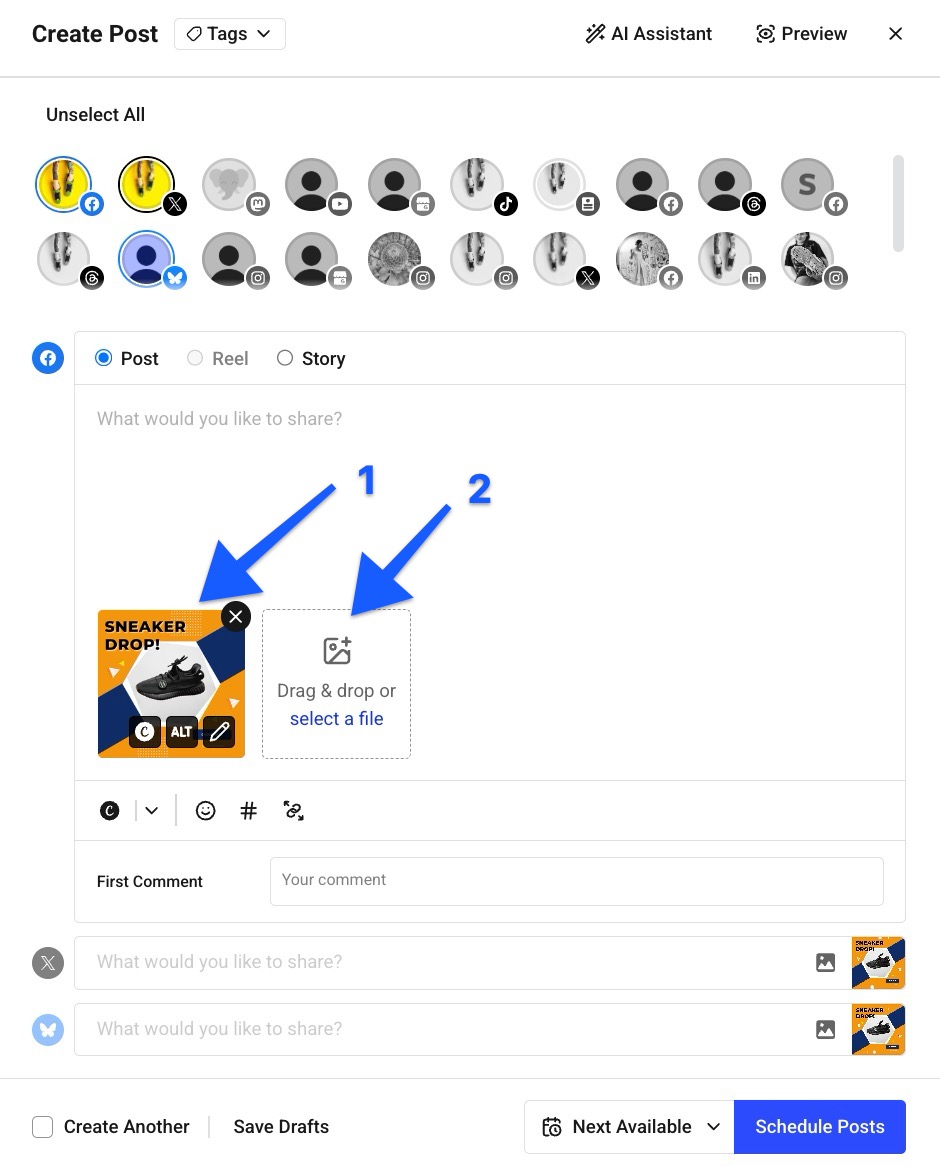 Buffer Publish composer with arrows pointing to uploaded image and box to upload second image