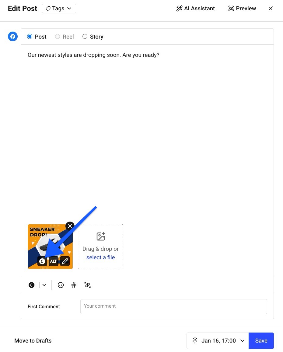 Buffer Publish composer with arrow pointing to Canva logo that appears when hovering over image