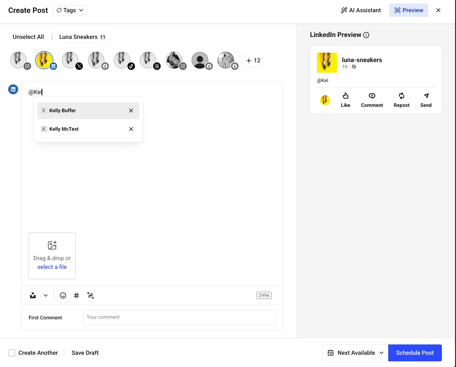 Buffer Publish composer - tagging a LinkedIn profile