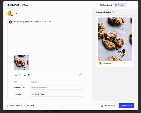 GIF of switching adding a second Pinterest account to a post and selecting a different board to post to