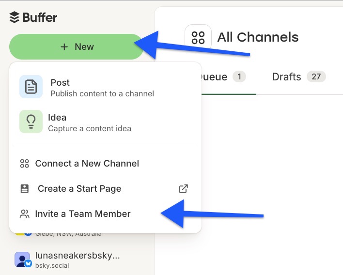 Buffer - +New button - Invite a Team Member option
