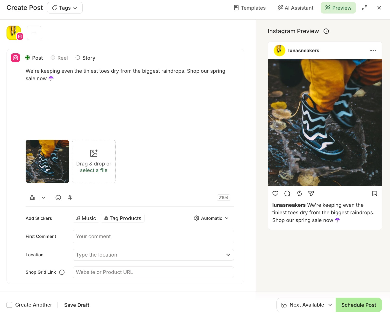 Buffer Publish composer with image of children's striped rainboots splashing in a puddle