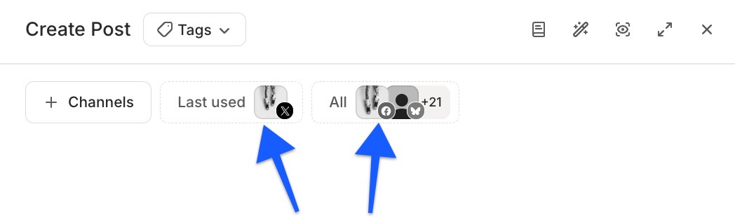 Buffer Publish composer with arrows pointing to Last used channel suggestion and All channels option