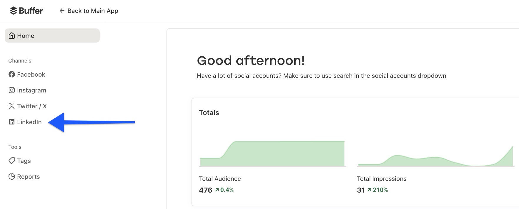 Buffer - Analyze Home Screen - arrow pointing to LinkedIn