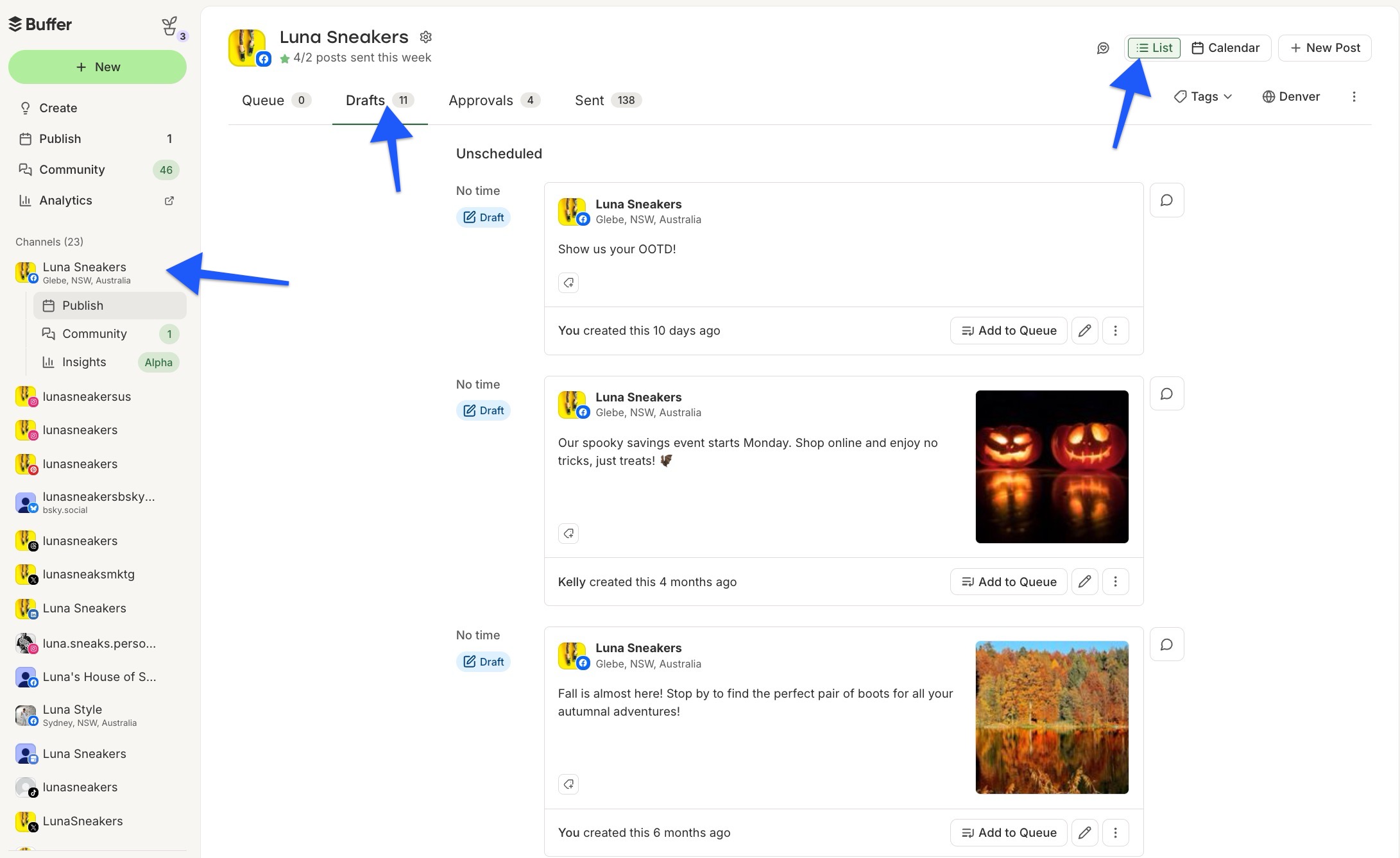 Buffer - Publish - Drafts in List view