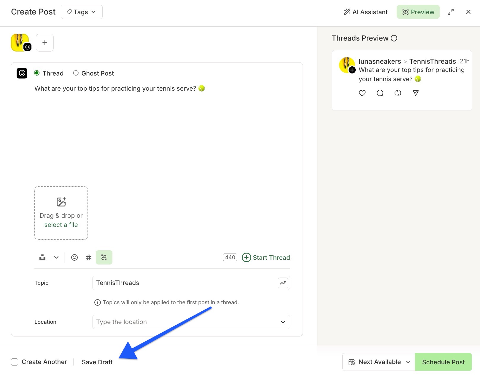 Buffer - composer - arrow pointing to Save Draft option