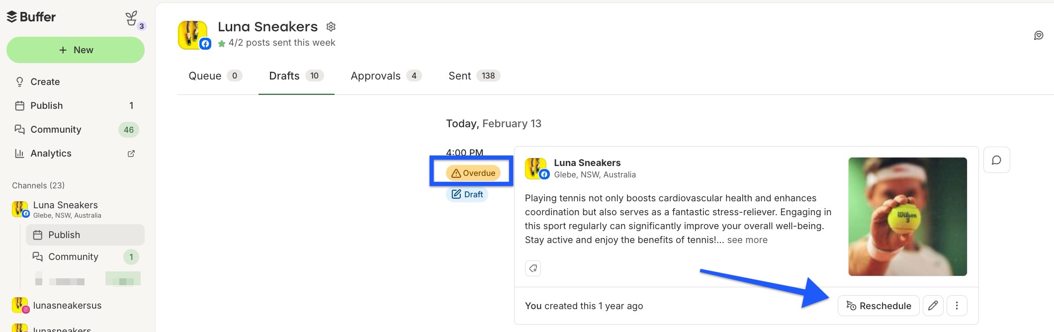 Buffer - Overdue draft post with arrow pointing to Reschedule