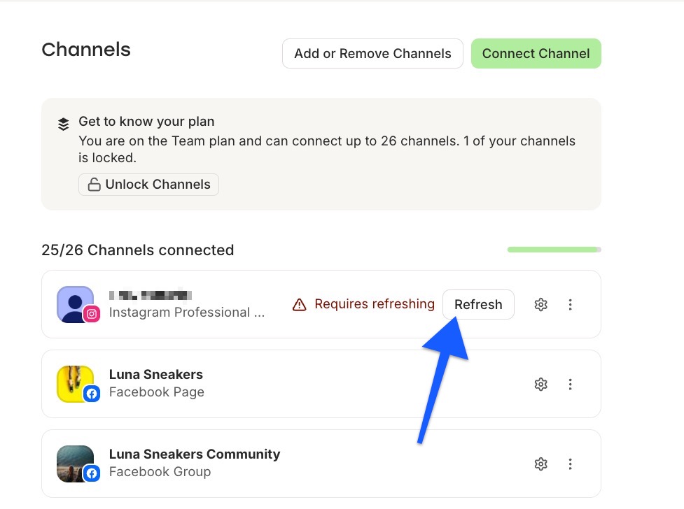 Buffer Channels settings - arrow pointing to Instagram channel needing to be refreshed