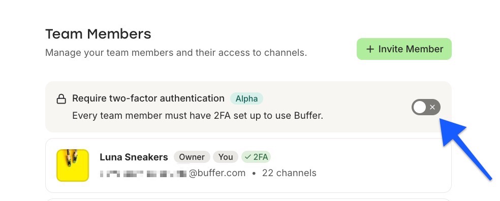 Buffer Team Settings - Require two-factor authentication toggle