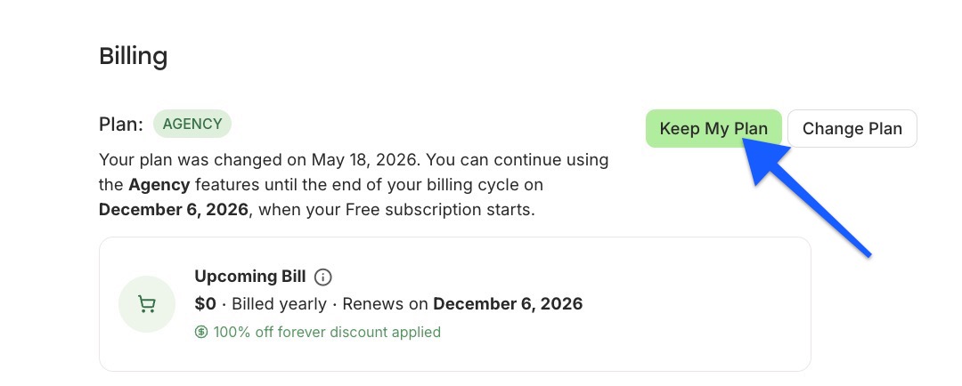 Buffer Billing Settings - arrow pointing to Keep My Plan option