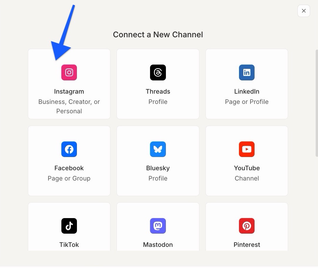 Buffer Channel settings - arrow pointing to Instagram