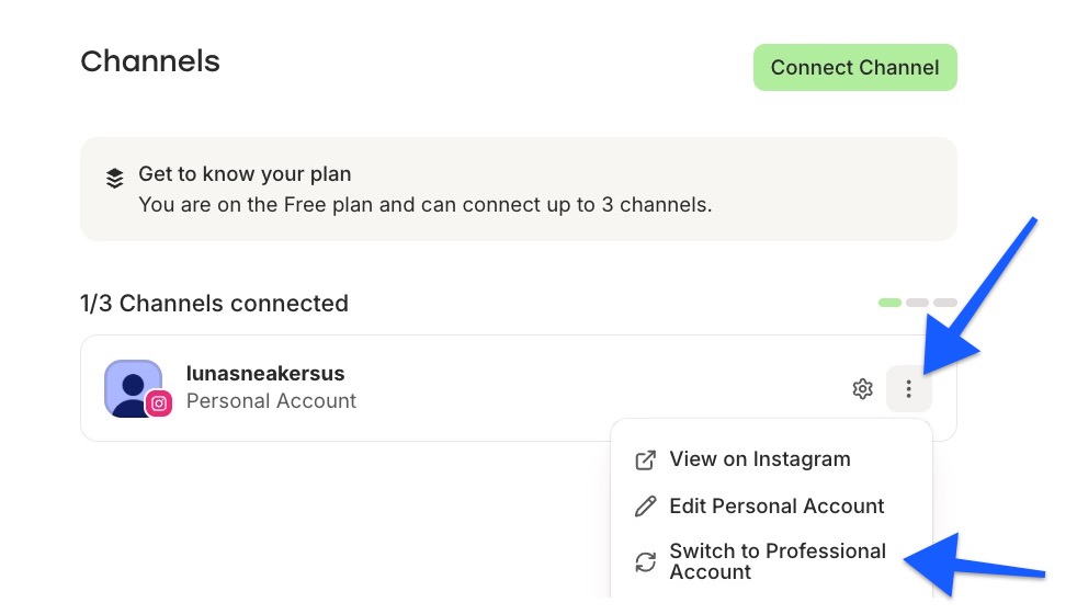 Buffer Channel Settings - Switch to Instagram Professional Account option