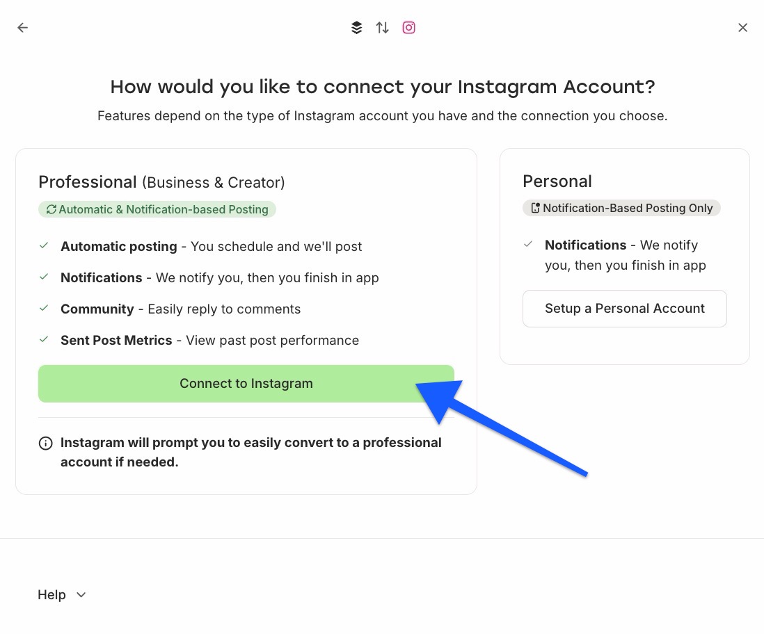 Buffer Channel Settings - Connect Instagram Professional Account option
