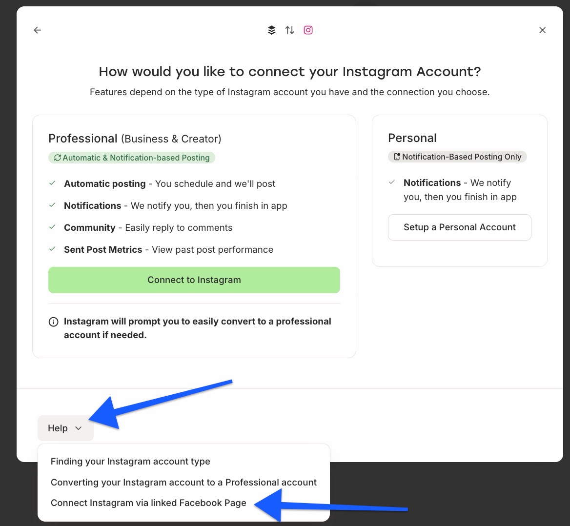 Buffer - Channel Settings - Connect Instagram via linked Facebook page