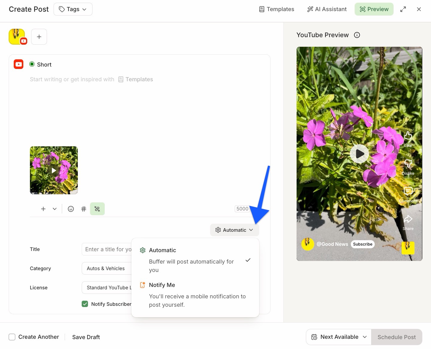 Buffer composer with YouTube selected and arrow pointing to toggle between Automatic and Notify Me