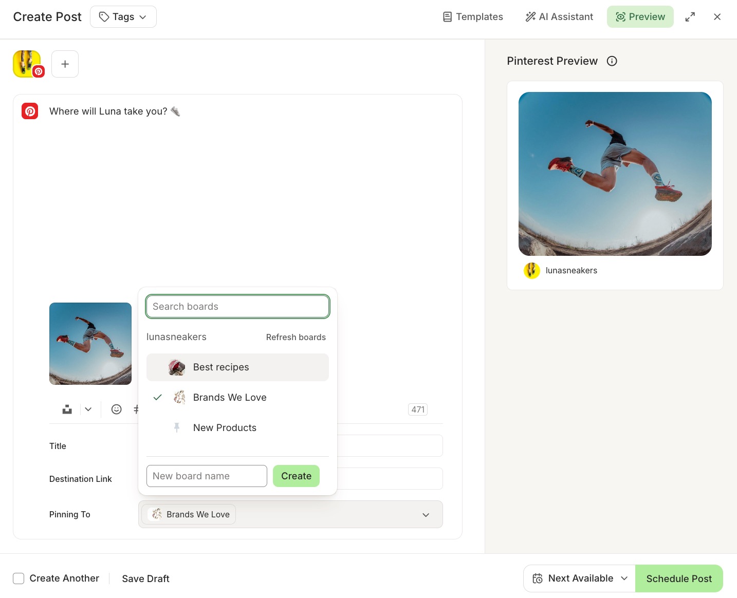 Buffer composer with Pinterest selected and list of boards to post to