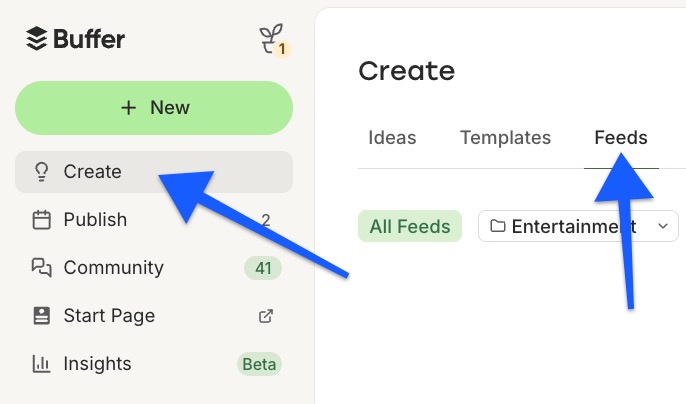 Buffer Create space - arrow pointing to Feeds
