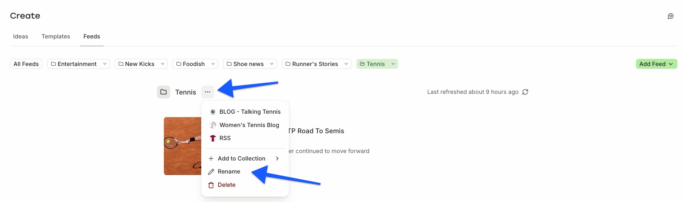 Buffer Create space - arrow pointing to Rename collection