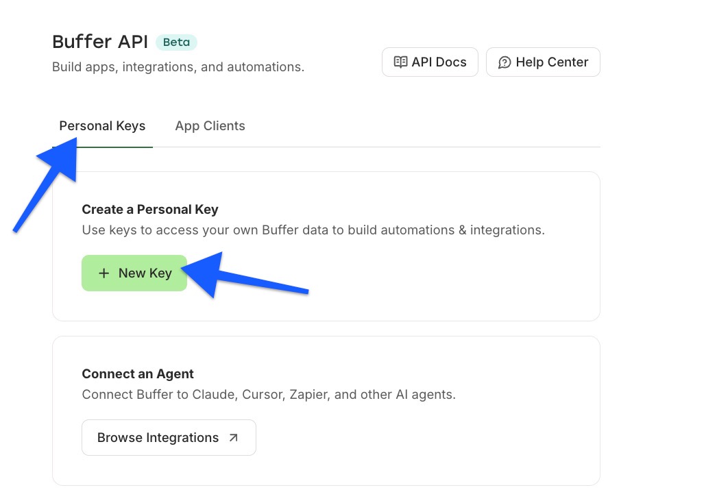 Screenshot: Personal Keys tab with + New Key button highlighted