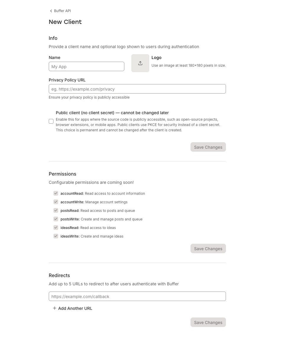 Screenshot: Buffer API New Client form showing Info, Permissions, and Redirects sections