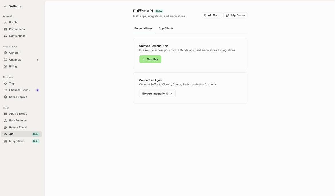 GIF of navigating from Buffer API settings to Integrations screen then n8n