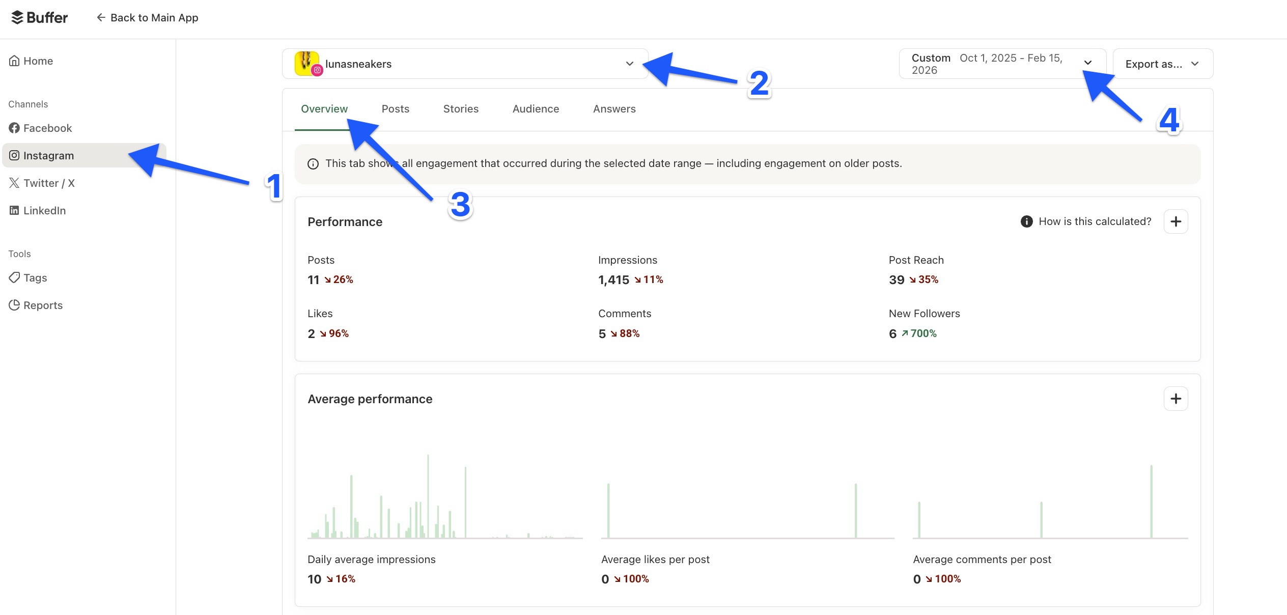 Buffer Analyze Overview tab with performance table and average performance chart visible