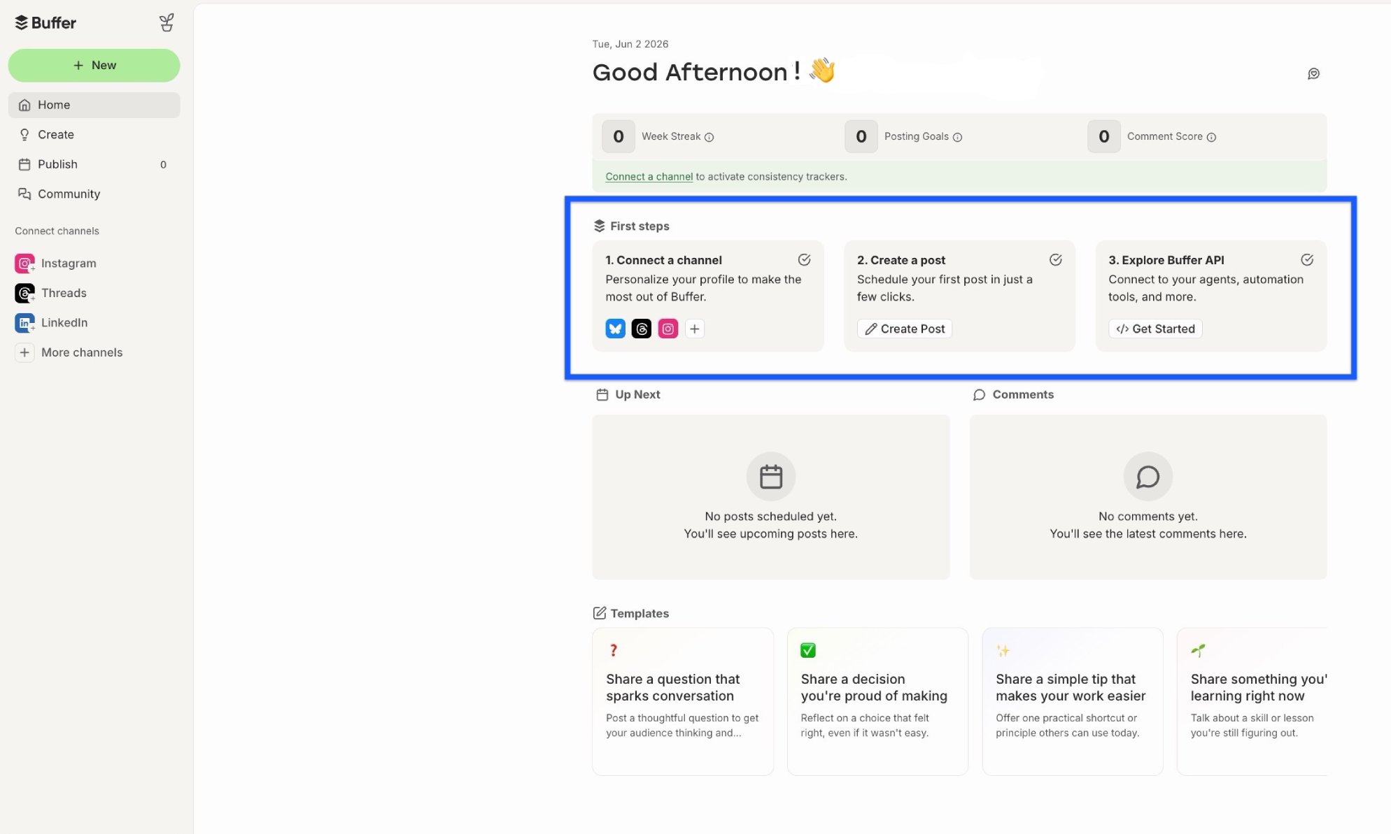 Buffer Home dashboard with First steps highlighted