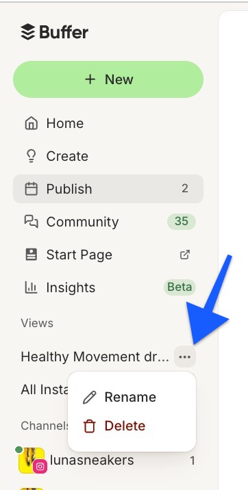 Views menu in Buffer dashboard with Rename and Delete options visible