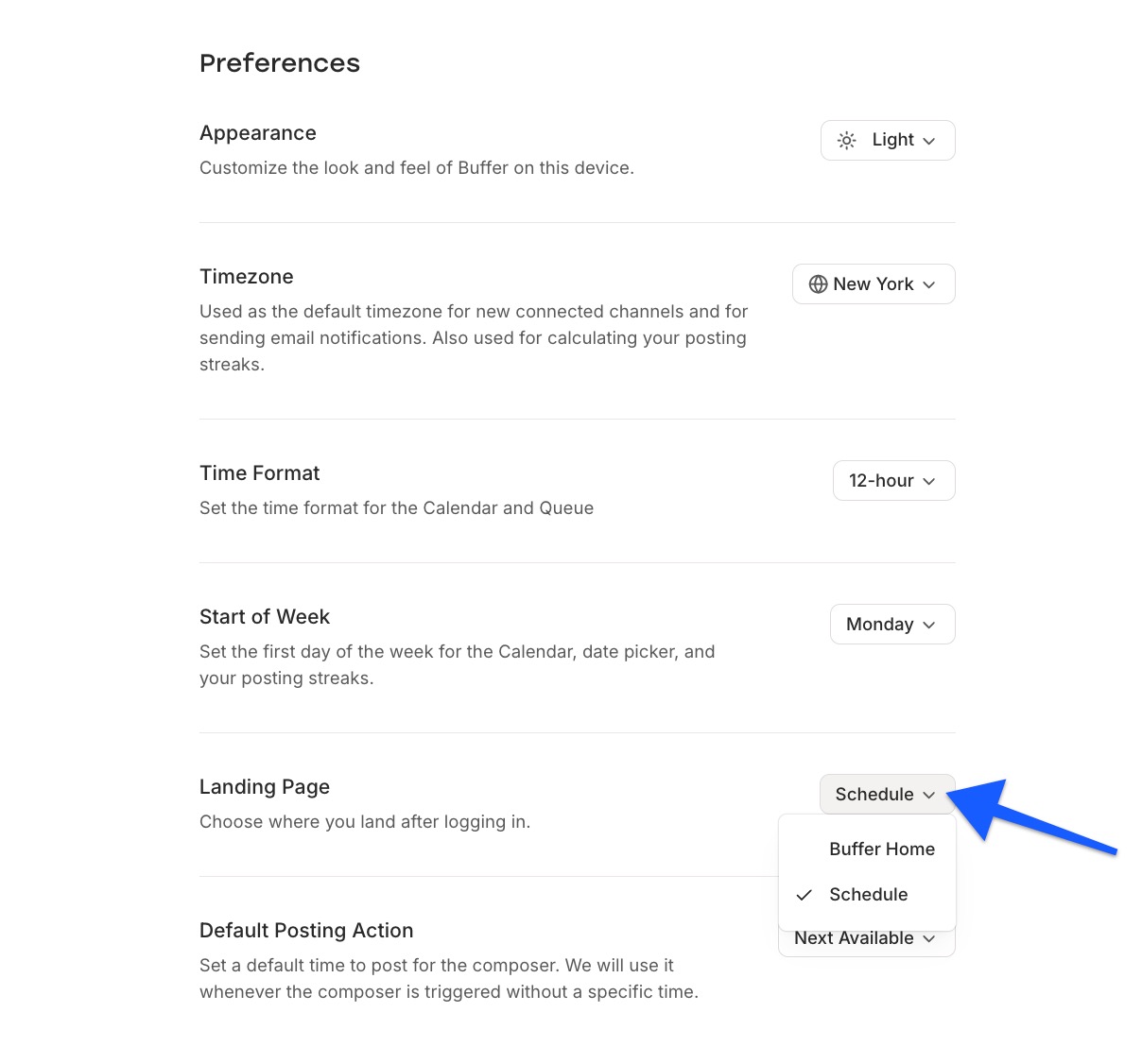 Buffer Settings - Landing page prefrences