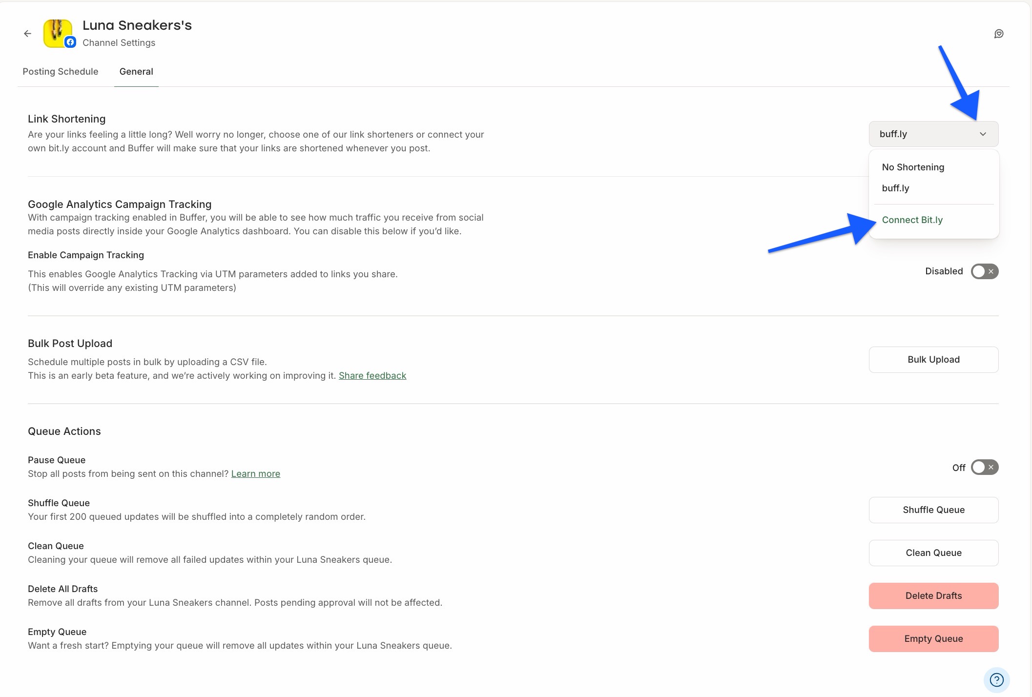 Buffer Channel Settings - arrows pointing to link shortening settings menu and Connect Bit.ly option