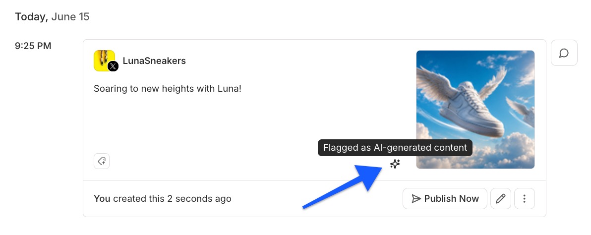 Screenshot: A scheduled post in the Queue view with the ✨ sparkles icon visible, and the tooltip open