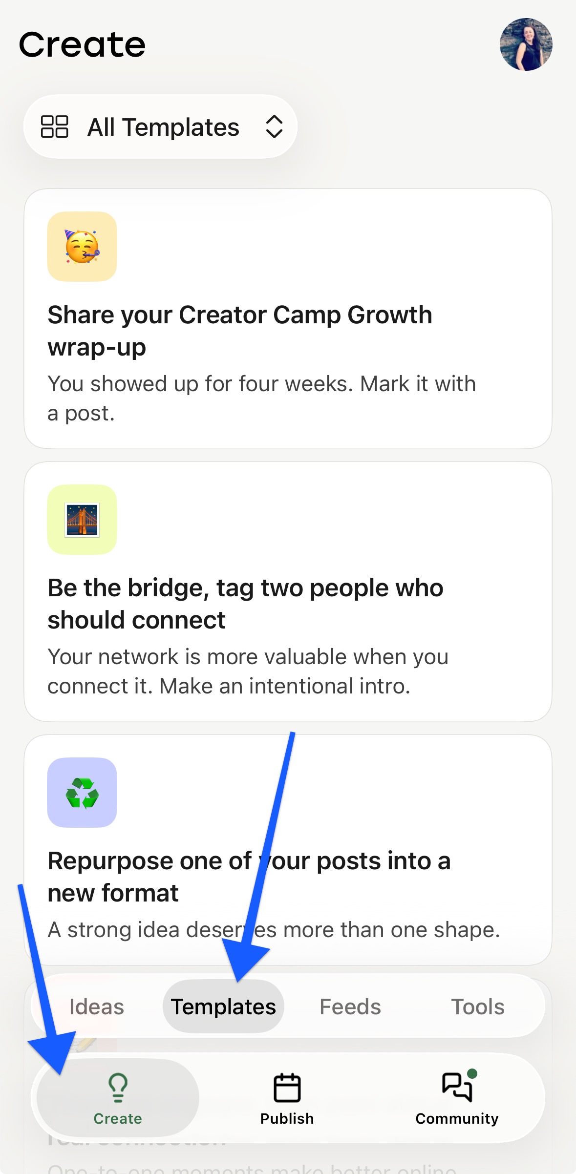Screenshot: Buffer mobile app open to the Create space, Templates tab highlighted
